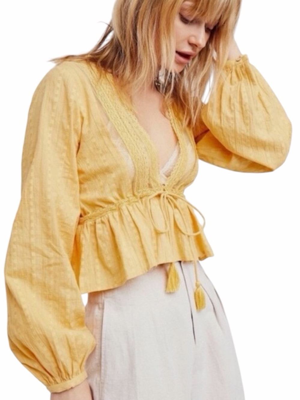 Free People ($108) Oberoi Cotton Yellow Lace Trim Blouse - PTP 22